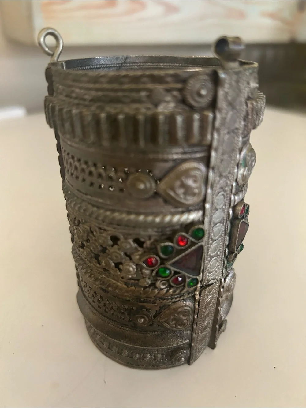 Ornate Silver-Tone Decorative Cuff with Red & Green Stones from India